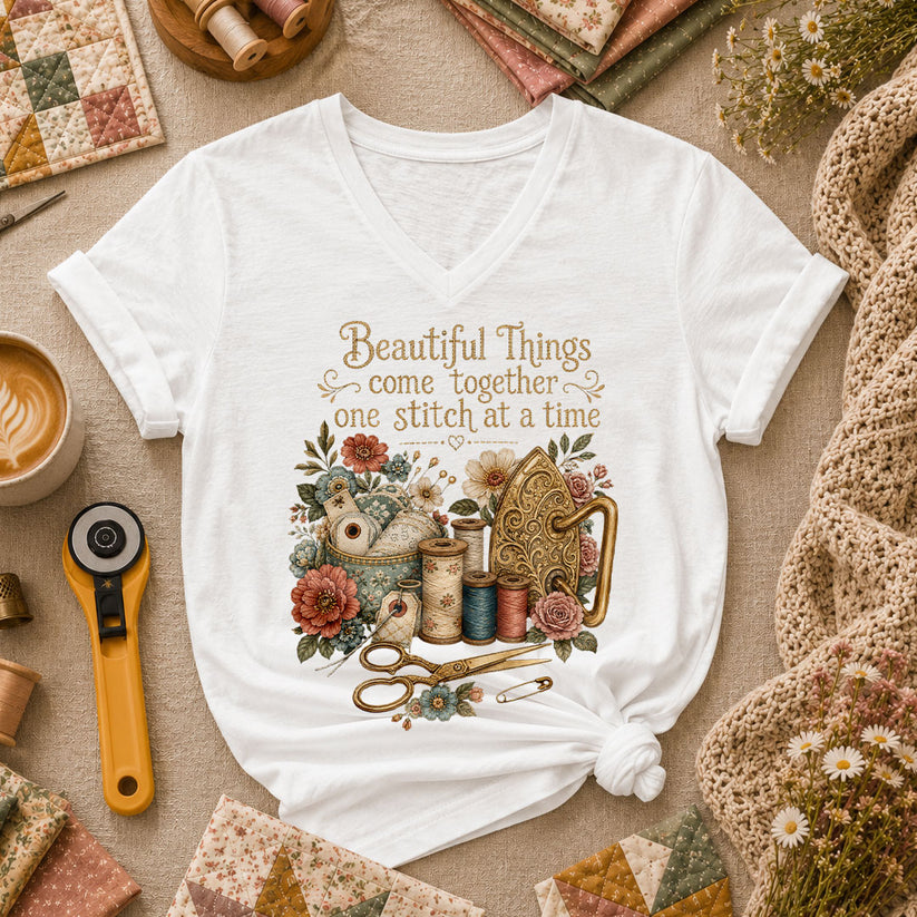 Beautiful Things Come Together One Stitch At A Time Women's V-Neck - White