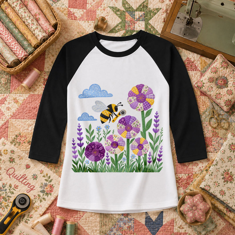 Bee And Patchwork Dresden Flowers With Lavender Raglan Sleeve - Black