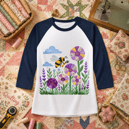 Bee And Patchwork Dresden Flowers With Lavender Raglan Sleeve - Navy