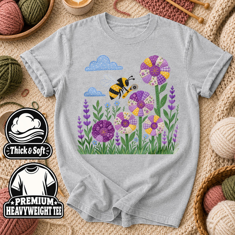 Bee And Patchwork Dresden Flowers With Lavender T-Shirt - Athletic Heather