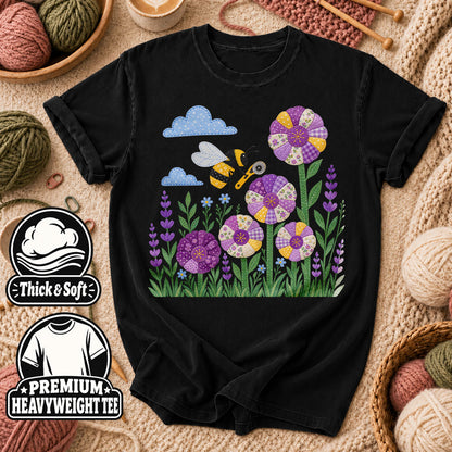 Bee And Patchwork Dresden Flowers With Lavender T-Shirt - Black