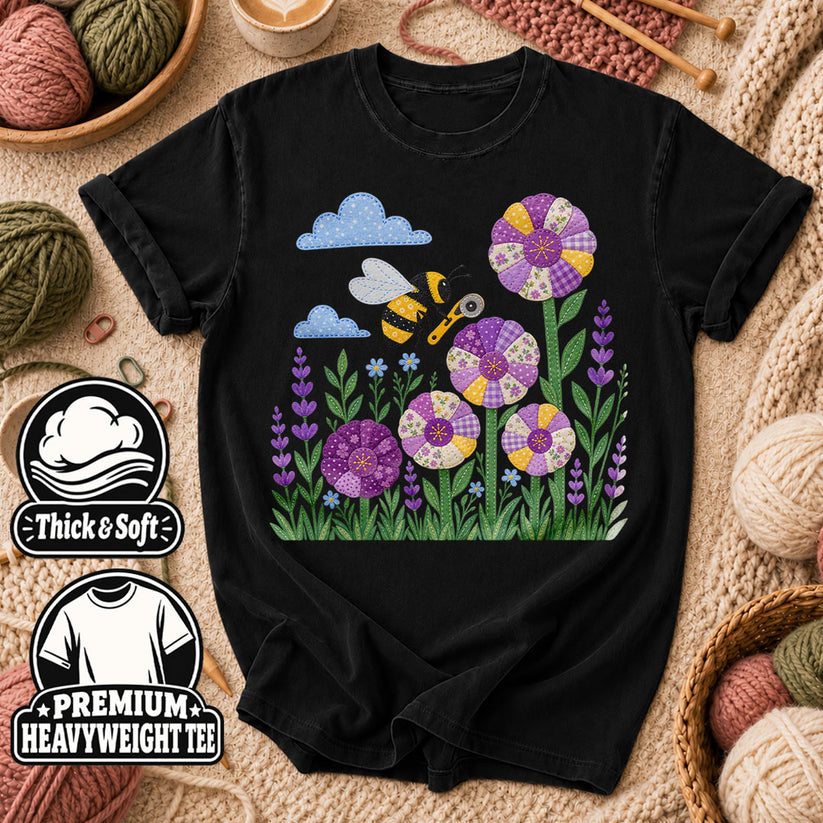 Bee And Patchwork Dresden Flowers With Lavender T-Shirt - Black