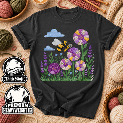 Bee And Patchwork Dresden Flowers With Lavender T-Shirt - Dark Heather Grey