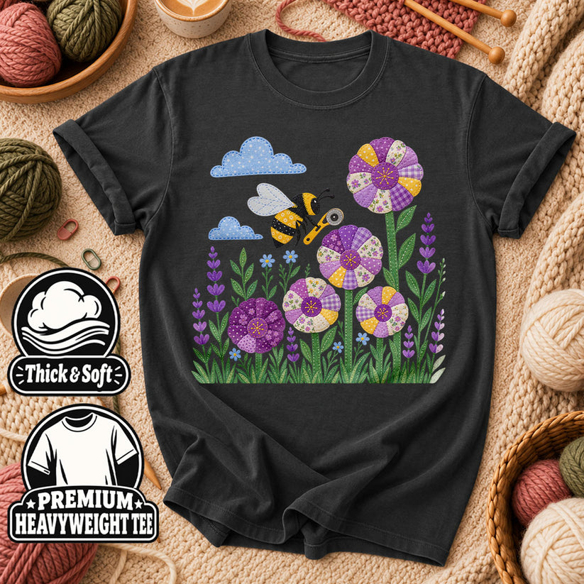 Bee And Patchwork Dresden Flowers With Lavender T-Shirt - Dark Heather Grey