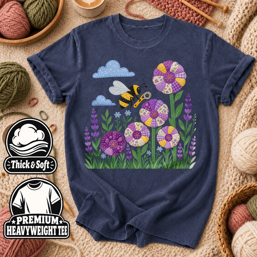 Bee And Patchwork Dresden Flowers With Lavender T-Shirt - Heather Navy