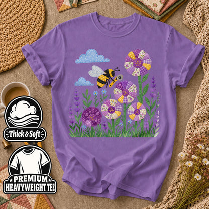 Bee And Patchwork Dresden Flowers With Lavender T-Shirt - Heather Team Purple