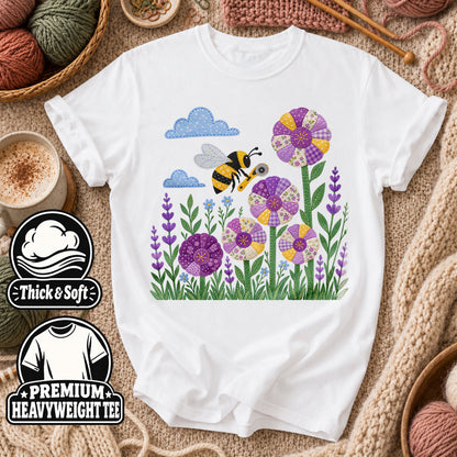 Bee And Patchwork Dresden Flowers With Lavender T-Shirt - White