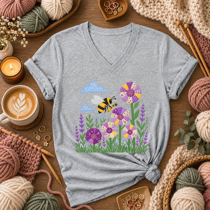 Bee And Patchwork Dresden Flowers With Lavender Women's V-Neck - Athletic Heather