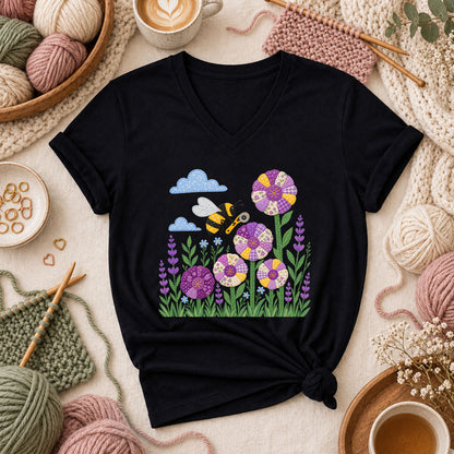 Bee And Patchwork Dresden Flowers With Lavender Women's V-Neck - Black