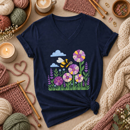 Bee And Patchwork Dresden Flowers With Lavender Women's V-Neck - Navy