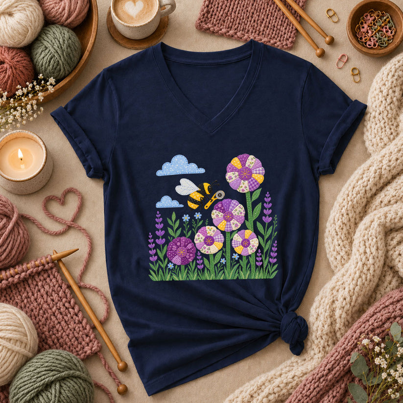 Bee And Patchwork Dresden Flowers With Lavender Women's V-Neck - Navy