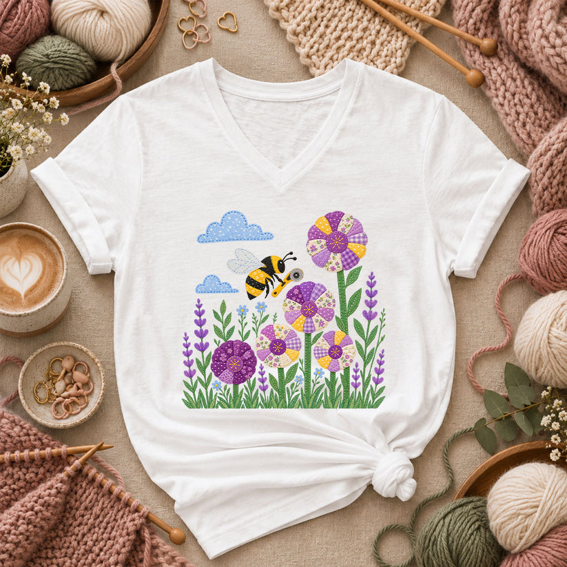 Bee And Patchwork Dresden Flowers With Lavender Women's V-Neck - White