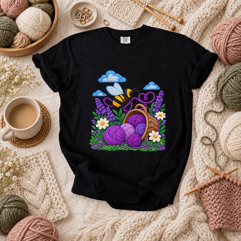 Bee With Lavender Yarn Basket T-Shirt - Black