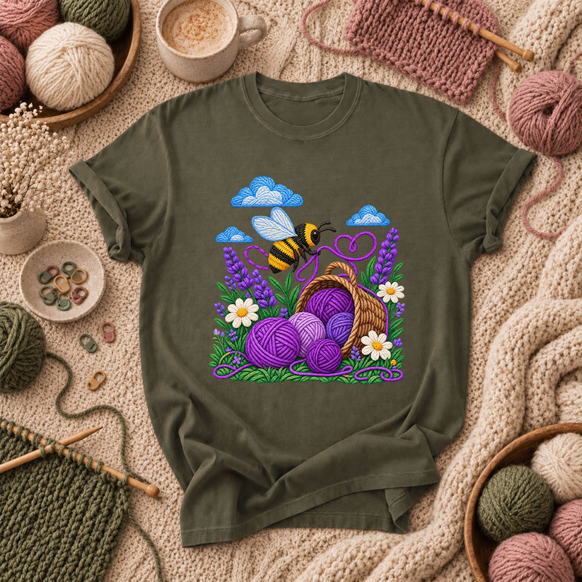 Bee With Lavender Yarn Basket T-Shirt - Military Green