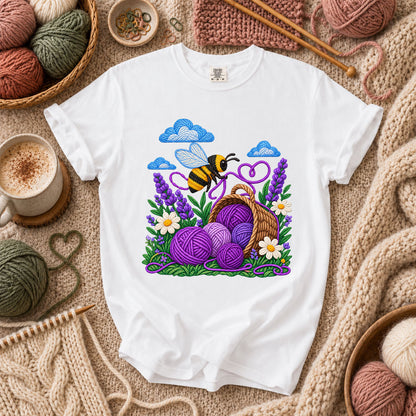 Bee With Lavender Yarn Basket T-Shirt - White