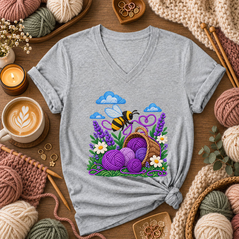 Bee With Lavender Yarn Basket Women's V-Neck - Athletic Heather