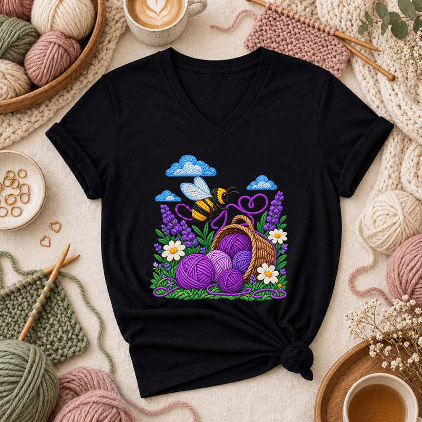 Bee With Lavender Yarn Basket Women's V-Neck - Black