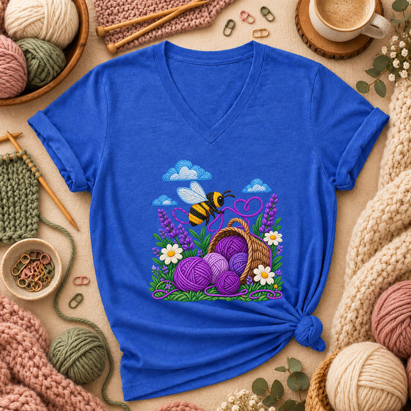 Bee With Lavender Yarn Basket Women's V-Neck - Heather True Royal