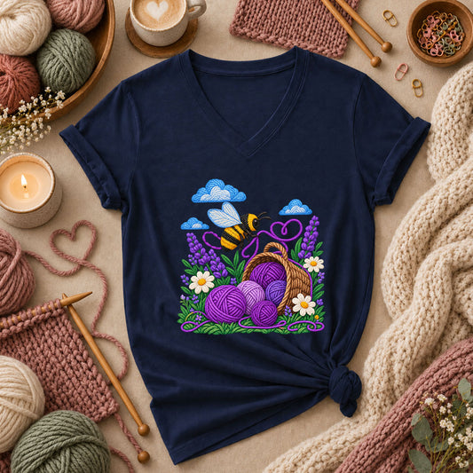 Bee With Lavender Yarn Basket Women's V-Neck - Navy