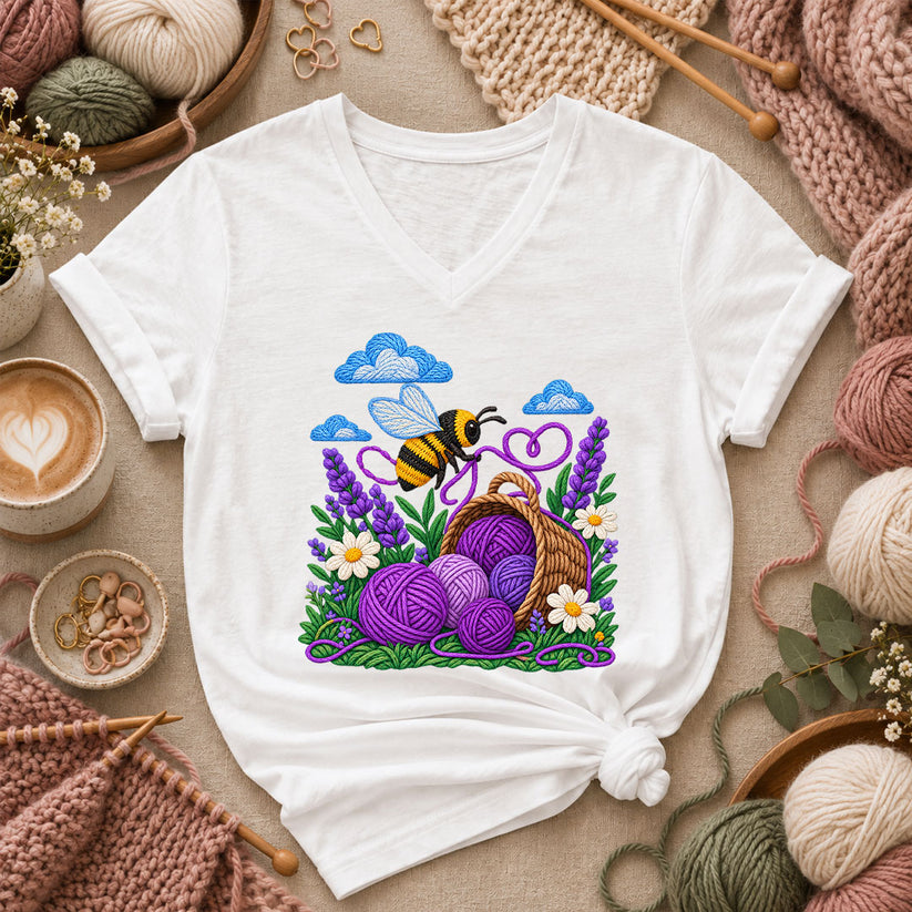 Bee With Lavender Yarn Basket Women's V-Neck - White