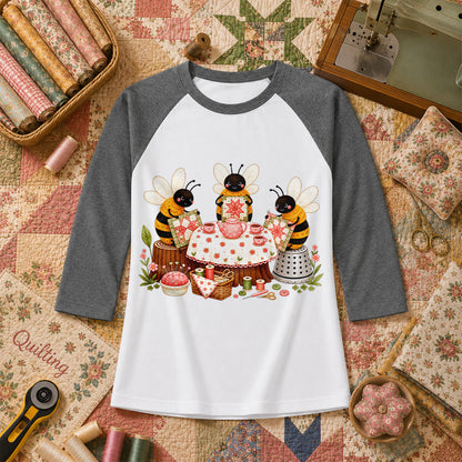 Bees Quilting Tea Party Patchwork Raglan Sleeve - Deep Heather