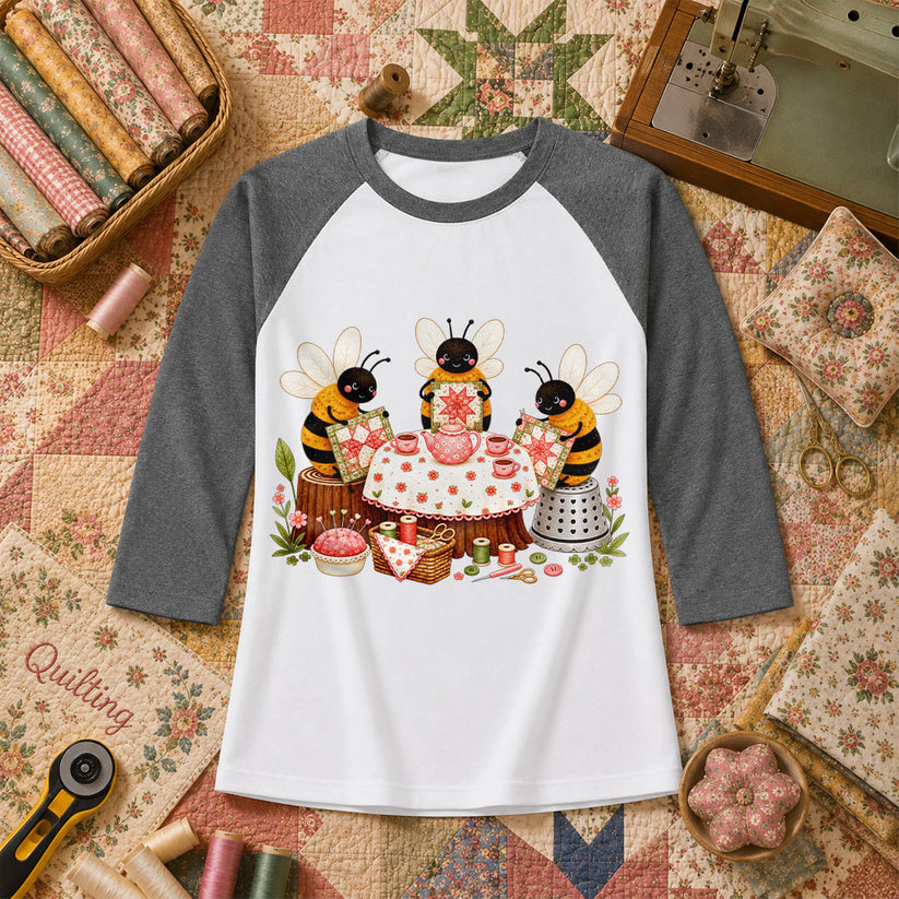 Bees Quilting Tea Party Patchwork Raglan Sleeve - Deep Heather