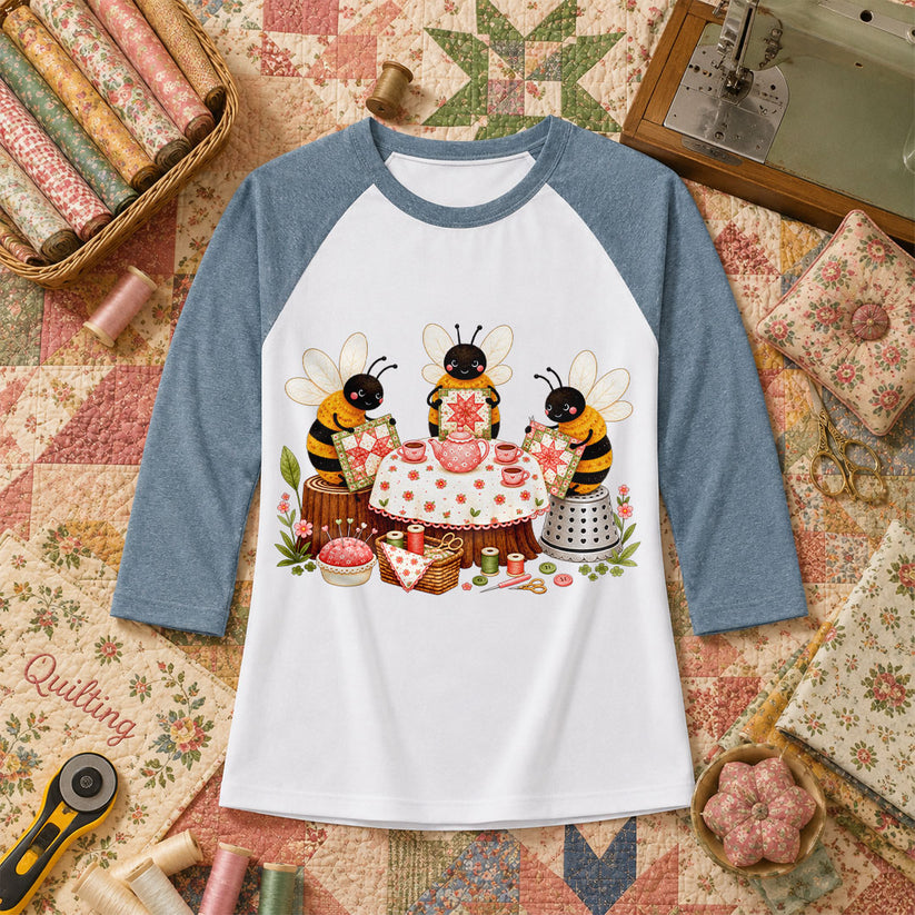Bees Quilting Tea Party Patchwork Raglan Sleeve - Denim