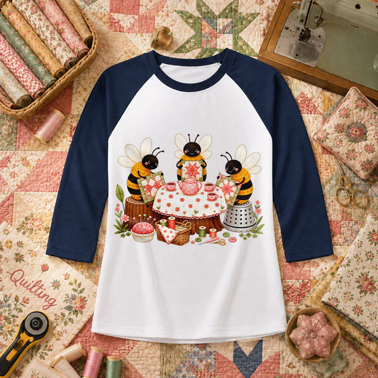 Bees Quilting Tea Party Patchwork Raglan Sleeve - Navy