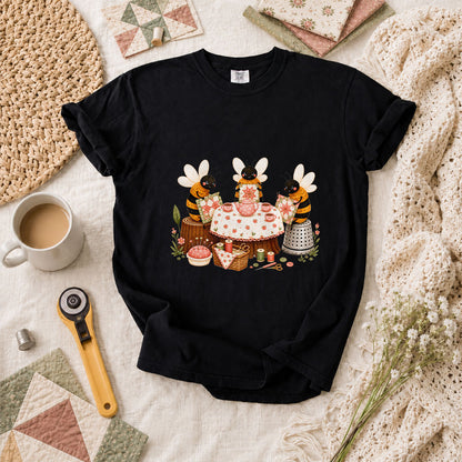 Bees Quilting Tea Party Patchwork T-Shirt - Black