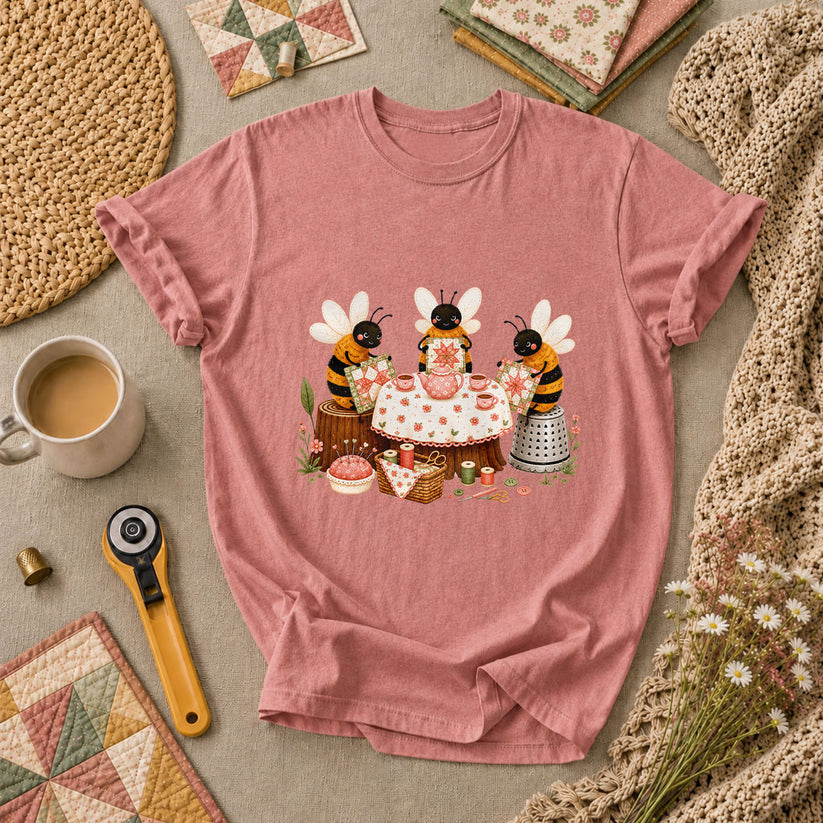 Bees Quilting Tea Party Patchwork T-Shirt - Heather Mauve
