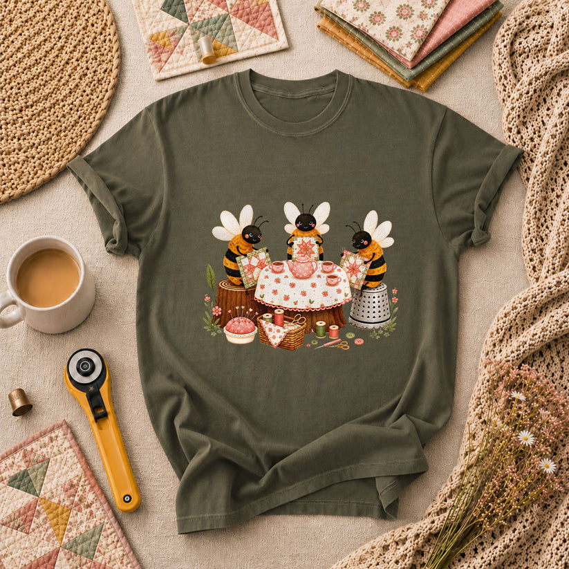 Bees Quilting Tea Party Patchwork T-Shirt - Military Green