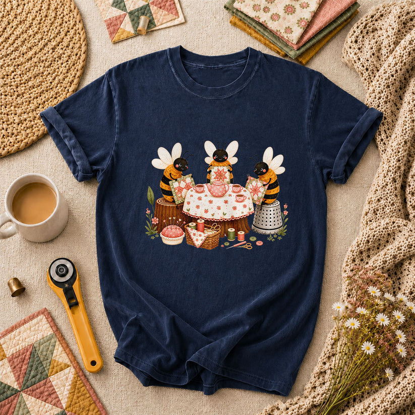 Bees Quilting Tea Party Patchwork T-Shirt - Navy