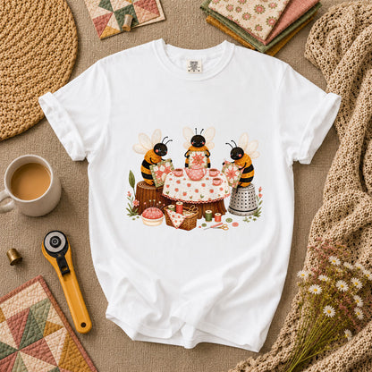 Bees Quilting Tea Party Patchwork T-Shirt - White