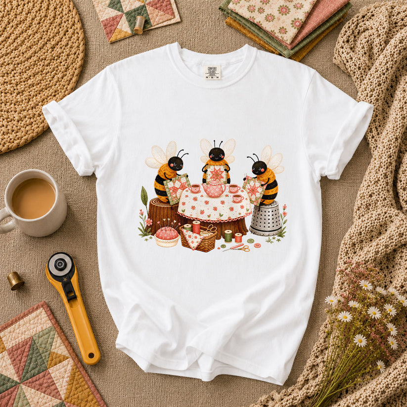 Bees Quilting Tea Party Patchwork T-Shirt - White