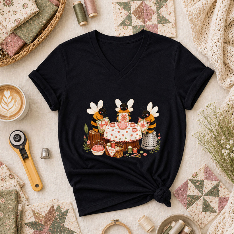 Bees Quilting Tea Party Patchwork Women's V-Neck - Black