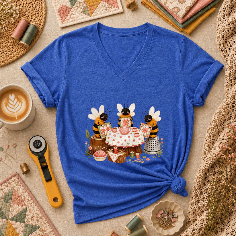 Bees Quilting Tea Party Patchwork Women's V-Neck - Heather True Royal