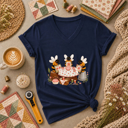 Bees Quilting Tea Party Patchwork Women's V-Neck - Navy