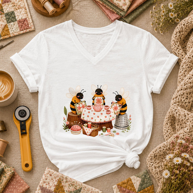 Bees Quilting Tea Party Patchwork Women's V-Neck - White
