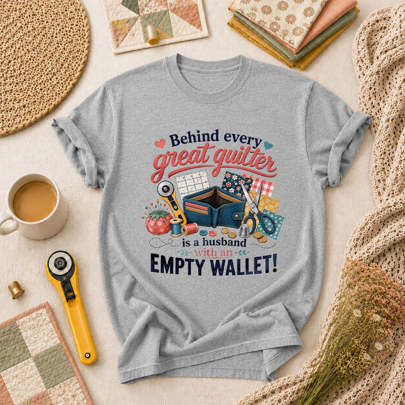 Behind Every Great Quilter Is A Husband With An Empty Wallet T-Shirt - Athletic Heather