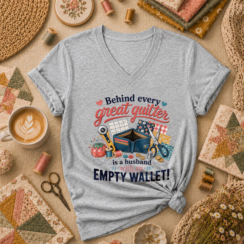 Behind Every Great Quilter Is A Husband With An Empty Wallet Women's V-Neck - Athletic Heather