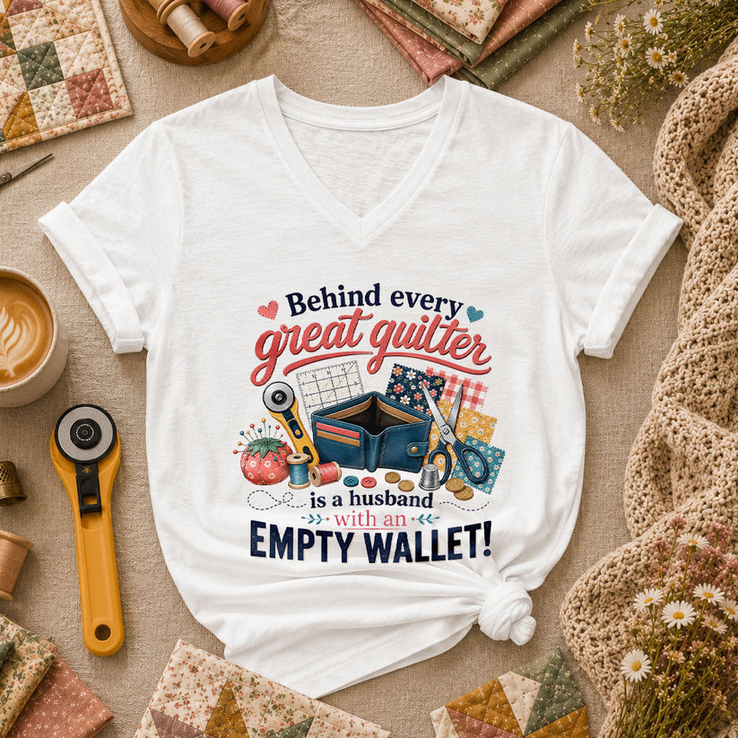 Behind Every Great Quilter Is A Husband With An Empty Wallet Women's V-Neck - White