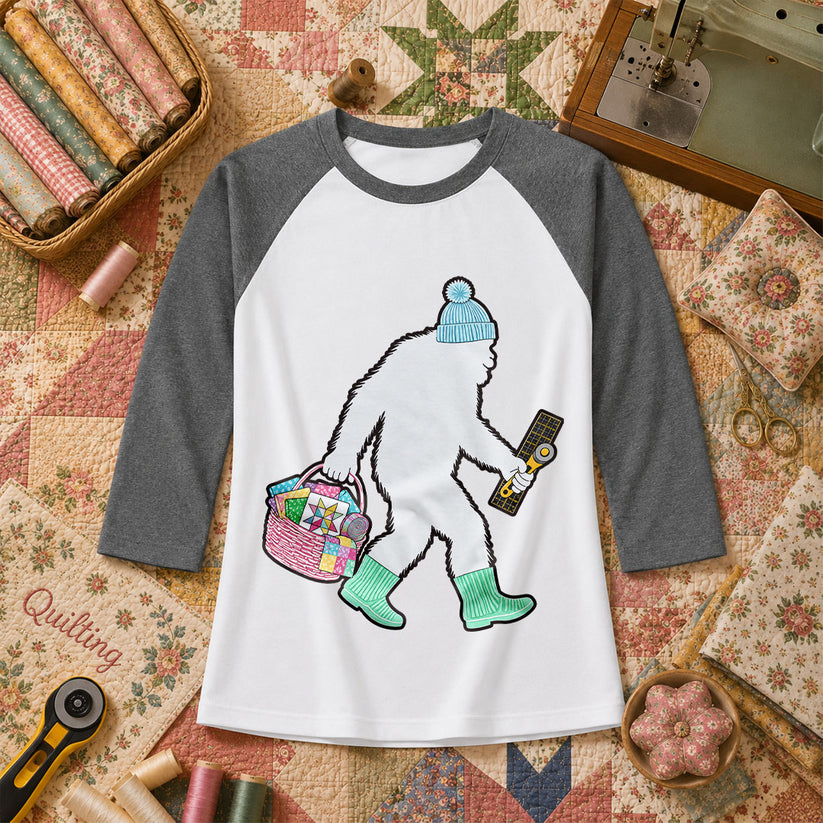 Bigfoot Quilter With Fabric Basket And Rotary Cutter Raglan Sleeve - Deep Heather