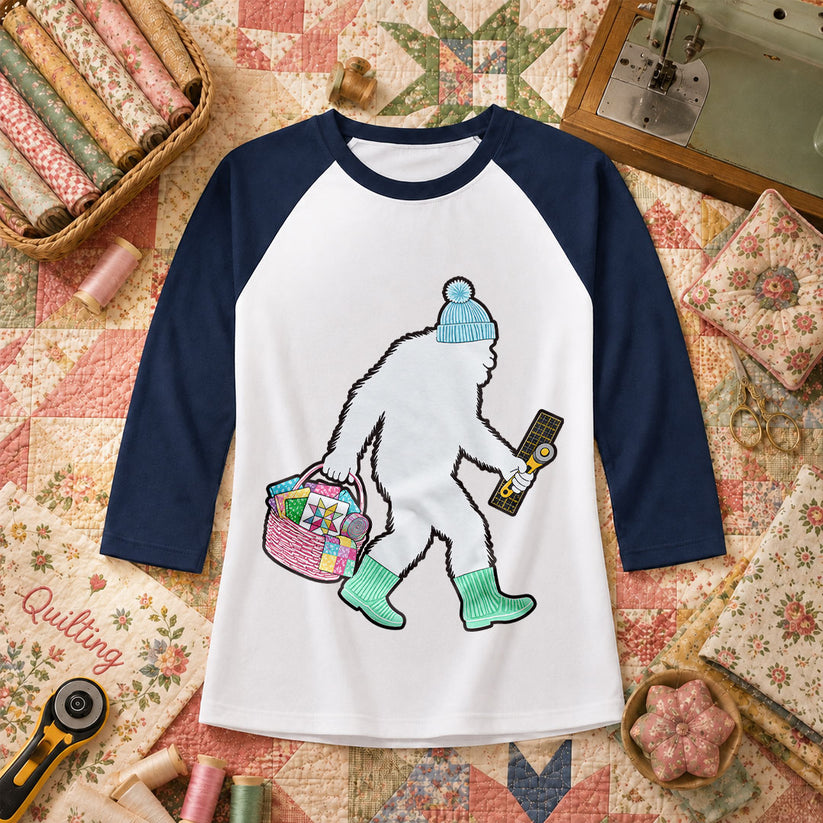 Bigfoot Quilter With Fabric Basket And Rotary Cutter Raglan Sleeve - Navy