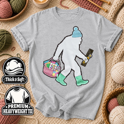 Bigfoot Quilter With Fabric Basket And Rotary Cutter T-Shirt - Athletic Heather