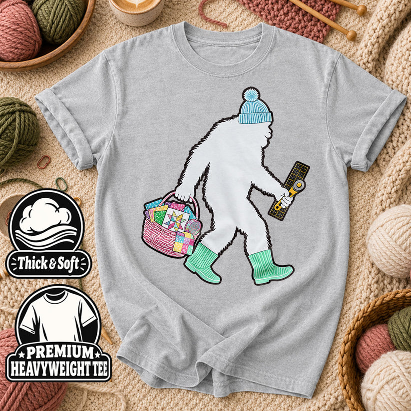 Bigfoot Quilter With Fabric Basket And Rotary Cutter T-Shirt - Athletic Heather