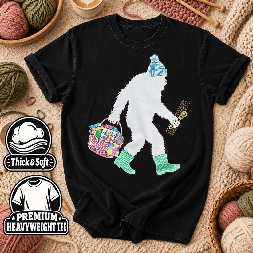 Bigfoot Quilter With Fabric Basket And Rotary Cutter T-Shirt - Black
