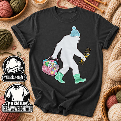 Bigfoot Quilter With Fabric Basket And Rotary Cutter T-Shirt - Dark Heather Grey