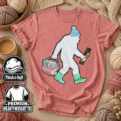 Bigfoot Quilter With Fabric Basket And Rotary Cutter T-Shirt - Heather Mauve