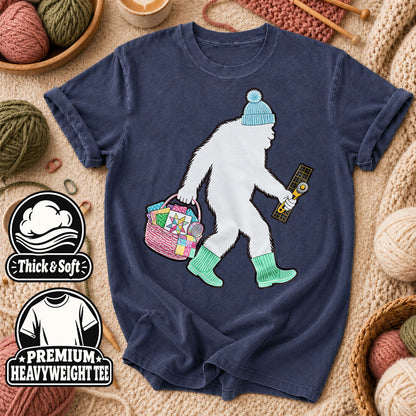 Bigfoot Quilter With Fabric Basket And Rotary Cutter T-Shirt - Heather Navy