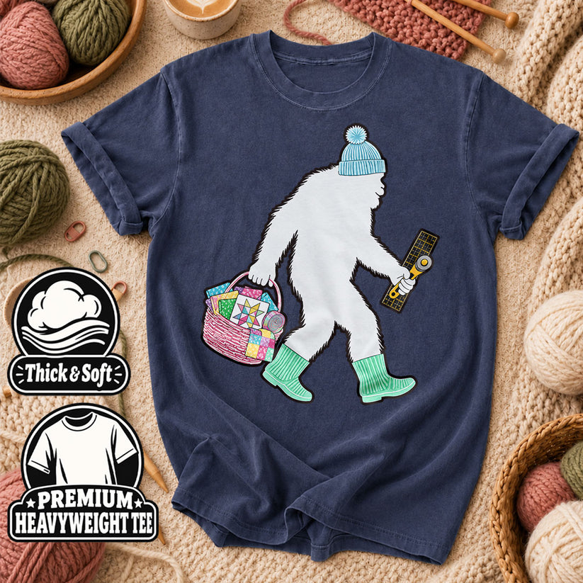 Bigfoot Quilter With Fabric Basket And Rotary Cutter T-Shirt - Heather Navy